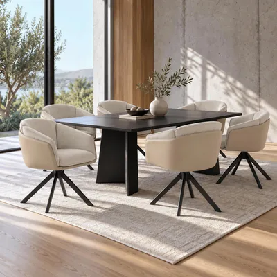Imagen del producto de Juego de 6 sillas de comedor HWC-R24, sillas de cocina, giratorias, con estructura de metal, tapizadas en cuero sintético, tela/textil, color beige