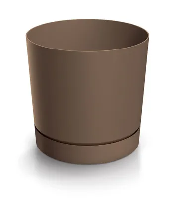 A brown planter pot with a saucer, isolated on a white background.