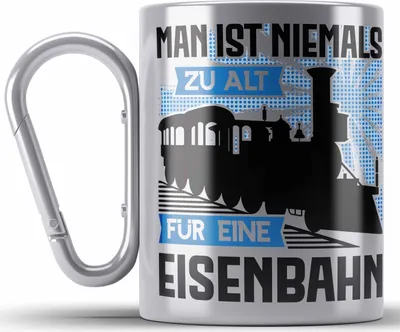Produktbild von Trendation - Modeleisenbahn Geschenk Edelstahl Tasse Karabiner Spruch Geschenk Geschenkidee Opa Rentner Dampflokomotive Eisenbahn Sprüche (Silber)