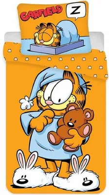 Produktbild von Pościel dziecięca dwustronna Garfield kot z misiem w szlafroku komiksowy kot pomarańczowy kołdra 135 x 200 + poduszka 80 x 80 cm 100% bawełna