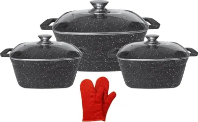 Produktbild von Cheffinger CF-SQC01: 6-Teiliges Kochgeschirr aus Marmor mit Küchenhandschuhen