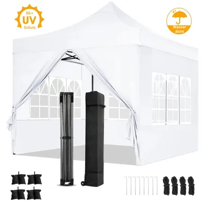 Produktbild von Pavillon 3x3 Wasserdicht Stabil Winterfest Partyzelt mit 4 Seitenteilen Pop Up Faltpavillon UV Schutz 50+ Gartenpavillon Mit Transporttasche, weiß