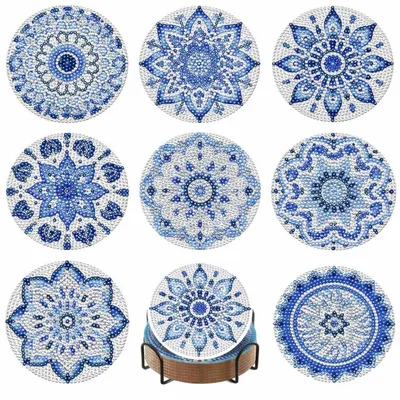 Immagine prodotto di Set di 8 sottobicchieri "Diamant Malerei" fai da te, con supporto, motivo mandala blu e bianco, aspetto ceramico, kit per il fai da te