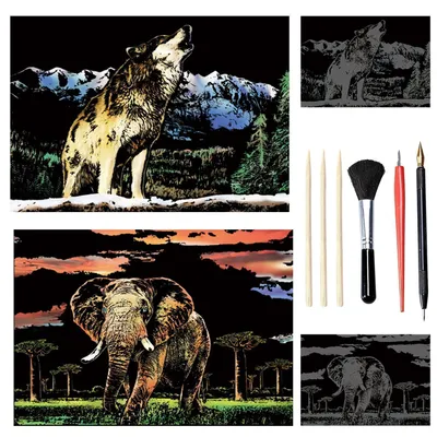 Immagine prodotto di Set da 2 immagini da colorare formato A3, con soggetti animali: elefante e lupo, inclusi strumenti per colorare
