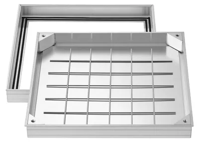 Zdjęcie produktu dla VEVOR Pokrywa studzienki z ramą 50 x 50 cm, niewidoczna pokrywa studzienki Pokrywa studzienki ściekowej z stopu aluminium, którą można wyłożyć kostką brukową, do zintegrowanego kanału odprowadzającego na chodnikach, w ogrodach i na tarasach.
