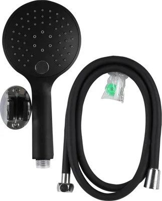 A black shower head with a hose and wall mount on a white background.