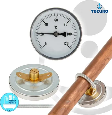 Produktbild von tecuro Bi-Metall Ø 63 mm Anlegethermometer 0 - 120°C Metallausführung mit Klemmfeder