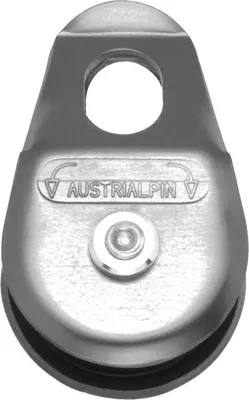 Polierte Seilrolle von Austri Alpin; 2x2 kN; 15 kN; geeignet für Klettern und Abseilen.