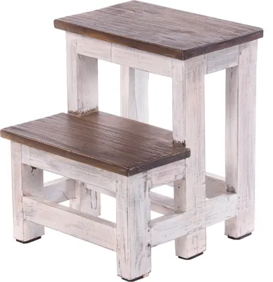 A two-step wooden stool with a distressed white base and a dark wood top.