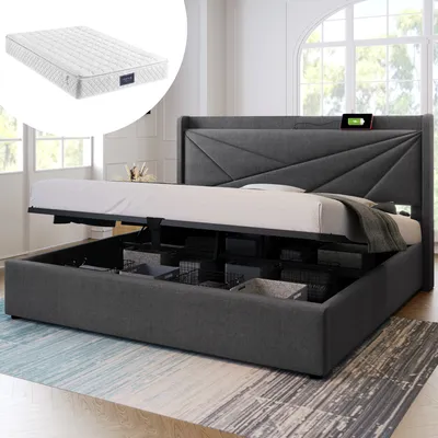 Produktbild von MODFU Boxspringbett Hydraulisches 160 x 200 cm mit USB Typ C Ladefunktion Kopfteil, Polsterbett Funktionelles mit Lattenrost, Doppelbett Stauraumbett mit Bettkasten Stauraum, Leinenmaterial Grau(Mit Matratze)