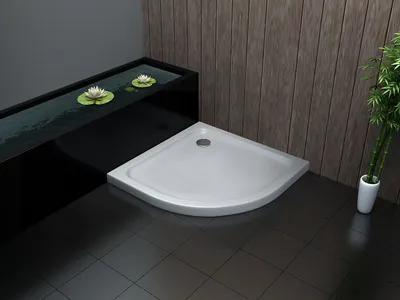 A modern bathroom setting with a white quarter-circle shower tray, a black water feature with lily pads, and a bamboo plant.