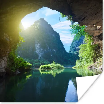 Produktbild von MuchoWow® Poster Wasser - Höhle - Sonne - Natur - Pflanzen 50x50 cm - Wohnzimmerdekoration