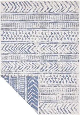 Productafbeelding van 80 x 250 cm Waterdicht boho-tapijt, vintage design, geschikt voor balkon, terras, tuin - blauw-crème