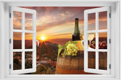 Produktbild von Wallario Wandbild mit Fenster-Illusion: Wein Romantik - Weißwein mit Käse auf einem Fass, Größe: 61 x 91,5 cm, Poster mit weißem Aluminiumrahmen
