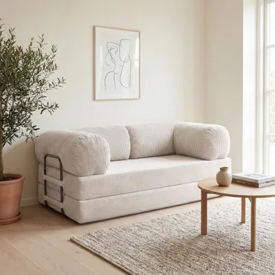 Produktbild von Idohome - Sofa MUNO, Cordsofa ausziehbar 200x100x86 cm mit Schlaffunktion, 2 Matratzen, Metallgestell - Farbe: Creme Poso 100
