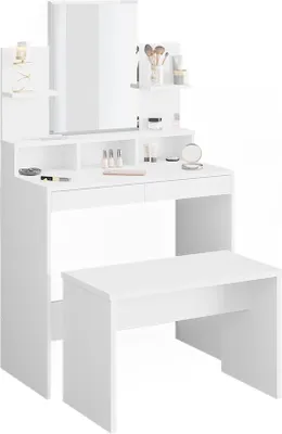 A white vanity table with a mirror and a matching stool, set against a white background.