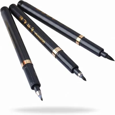 Productafbeelding van Inktpenseel - Set van 3 - 3 maten zwarte Japanse Chinese kalligrafiepen - Belettering - Handtekening - Illustratie