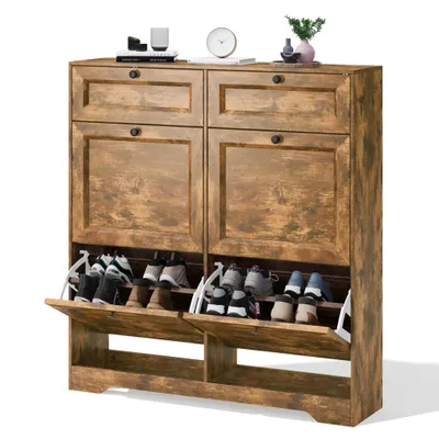 Immagine prodotto di Armadio per scarpe BEALIFE, 95x24x102 cm, con 4 ripiani basculanti e 2 cassetti. Dotato di sistema di sicurezza per i ripiani basculanti, ripiani regolabili in altezza. Ideale per l'ingresso. Colore: bianco/marrone retrò. Codice prodotto: FS59