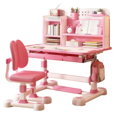 Produktbild von 2-teiliges Kinder-Schreibtisch-Stuhl-Set, höhenverstellbarer Kinder-Schreibtisch-Stuhl mit Sitzkorrektur, ergonomischer Schreibtischstuhl mit Buchablage, Fußpedal und Trennwand