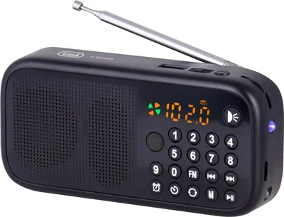 A black Trevi DR 7F40 BT portable radio with an extended antenna, displayed against a white background.