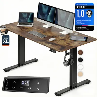 Produktbild von CASARIA® Höhenverstellbarer Schreibtisch elektrisch 160 x 70 cm mit Wireless Charger & USB-C/A Anschluss LCD-Display Memory-Funktion 80 kg belastbar ergonomisch Vintage-Braun