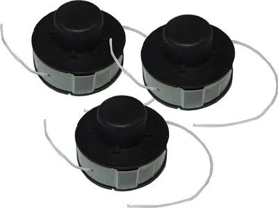 Three black and gray trimmer heads with white string, arranged in a triangular formation on a white background.