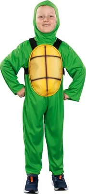 A young boy wearing a green turtle costume with a yellow shell.