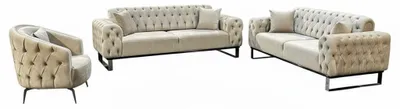 Image de Ensemble de canapés Jumeirah - canapé 3 places + canapé 2 places + fauteuil, velours capitonné, beige