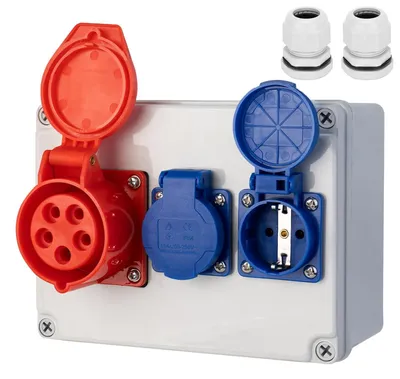 Zdjęcie produktu dla Rozdzielnica zasilająca do budowy z gniazdami zabezpieczonymi wyłącznikiem różnicowoprądowym - IP54 - 2 gniazda 230 V oraz gniazdo CEE 16 A - do budynków