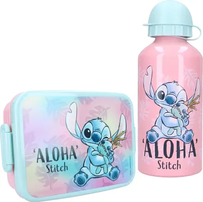 Produktbild von Set Brotzeitdose & Trinkflasche | Geschenkset Disney Stitch Aloha (rosa/pastelltürkis)
