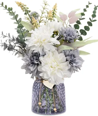 Produktbild von Kunstblumen im Topf - Künstliche Blumen Tischdeko Wohnzimmer mit Eukalyptus Künstlich, Deko Blumen Fake Flowers für Fensterbank Deko und Schlafzimmer Deko - Glasvase inklusive