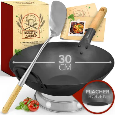 Produktbild von KRUSTENZAUBER 30cm Wokpfanne Induktion voreingebrannt - Traditionelle Stahlwokpfanne mit Wokwender u. Wokring - Wok Pfanne, Wok Induktion, Woklette