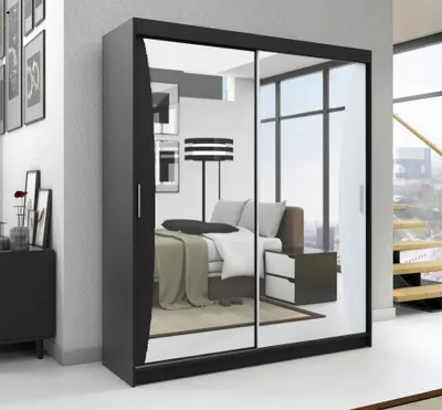 Produktbild von Schwebetürenschrank, 2-türig Schrank mit Spiegel! Moderne Garderobe für Kleidung. Verschiedene Farben (Weiß, Schwarz, Somona) Kleiderschrank NIKO 180 cm