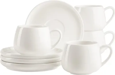 A set of white porcelain coffee cups and saucers.