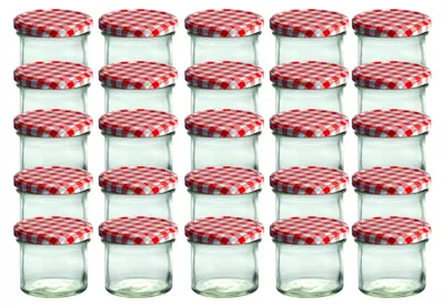 Image de CapCro Lot de 25 pots à couvercle renversé 125 ml Pot de confiture Pot de conservation Couvercle rouge à carreaux