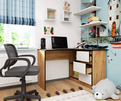 Image de Bureau d'angle 124 cm avec 3 tiroirs, en L, bureau d'ordinateur, meuble d'angle à 2 compartiments