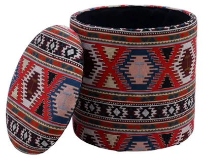 Produktbild von WOHNLING Sitzhocker mit Stauraum aus Stoff 40cm Mehrfarbig Rund Boho Stoffhocker mit abnehmbarem Deckel Ethno Polsterhocker Schminktisch Handmade