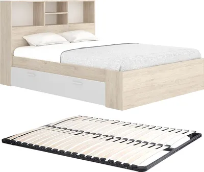 Produktbild von Bett 140 x 190 cm mit Kommode und - Natur und weiß + Rahmen - VARDIEL