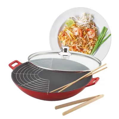 Image de Baumalu WOK 382872 Fonte Rouge Degrade Poêle à wok, diamètre max. 36 cm, fonte/aluminium coulé, compatible induction, revêtement anti-adhésif, couvercle inclus