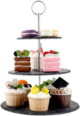 Produktbild von PolkaHome® Runder Kuchenständer 3 Etagen – Etagère aus Metall und Schiefer, 15/20/25 cm, Schwarz