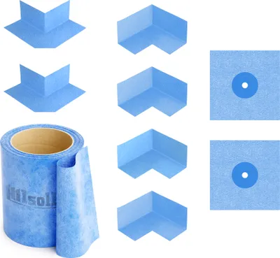Produktbild von Isolbau 209B Abdichtung Bandset - Dicht-Set für den Innen und außen bereich inkl. 10 m Dichtband, 4x Innenecken, 2x Außenecke & 2x Wandmanschetten, Abdichtung Dusche Bad Küche Wand Wasserdicht
