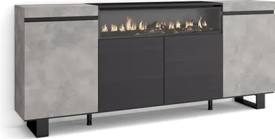 A modern sideboard with a fireplace feature.