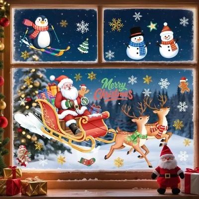 Produktbild von Fensterbilder Weihnachten Fensteraufkleber Weihnachtsmann Rentier Schneemann Pinguin Schneeflocke Fensterfolie Mehrweg 2 Blätter 29x60cm PVC doppelseitig bedruckt