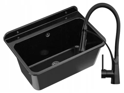 Immagine prodotto di Granitan | Lavello da lavoro - LARGE - con rubinetteria nera - con sifone - Nero - 61 x 41 cm - per lavanderia e garage