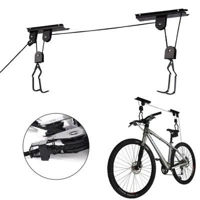 Image de Ascenseur à vélos, système de suspension pour vélos, support de fixation au plafond pour vélos, support de fixation au plafond, support de vélo, système à câble jusqu'à 50 kg, noir