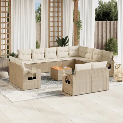 Produktbild von Design 13-tlg. Garten-Sofagarnitur mit Kissen Beige Poly Rattan, Gartenmöbel-Sets 2024 Neu