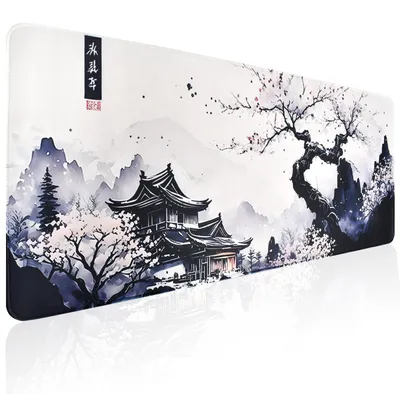 Productafbeelding van Japanse witte muismat, 300 x 800 x 3 mm, grote bureaubladbeschermer met kersenbloesemmotief, anime gaming toetsenbordmat, antislip rubberen onderkant, grote bureaubladbeschermer voor thuiswerken