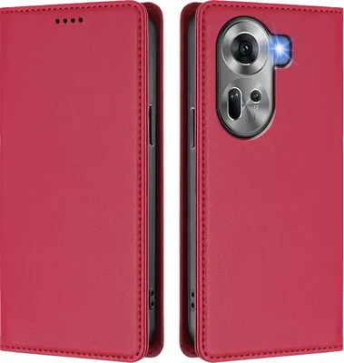 Produktbild von Handyhülle für Oppo Reno11 5G, Kunstleder Klapphülle Stoßfeste Magnetische Hülle mit Ständer Rot