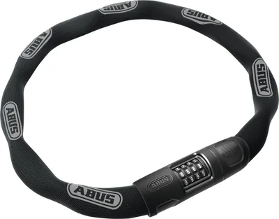 A black chain lock with a combination lock mechanism is displayed against a white background.