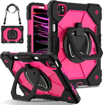 Image de Etui pour iPad Air 5 /Air 4 /iPad Pro 11 2022/2021/2020/2018, iPad 10.9" Air 5th/4th Gen, étui de protection durable et portable avec support, dragonne et bandoulière noir Rose
